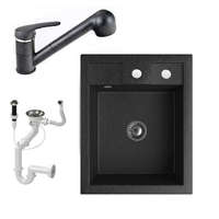 NERO Gránit Mosogató NERO Parma + kihúzható zuhanyfejes Shower csaptelep + dugókiemelő + szifon (fekete)