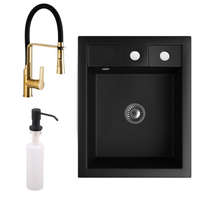 NERO Gránit Mosogató NERO Parma + kiemelhető zuhanyfejes Vegas arany mosogató csaptelep + adagoló + szifon (matt fekete)