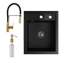 NERO Gránit Mosogató NERO Parma + kiemelhető zuhanyfejes Vegas arany mosogató csaptelep + arany adagoló + szifon (matt fekete)