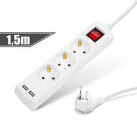 Delight Delight Elosztó 3-as - 3 x 1,5 mm - 1,5 m - 2 x USB-vel - kapcsolós (20221U)