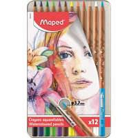 Maped Akvarell ceruza készlet, ecsettel, fém doboz, MAPED Artists, 12 különböző szín
