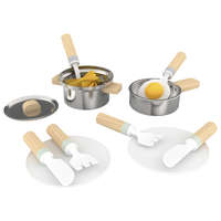 PlayTive PlaytTive Cooking Set, 18 részes játék fa + nemesacél konyhai készlet gyerekeknek, serpenyővel, fazékkal, fedővel, evőeszközökkel, tányérokkal és étellel