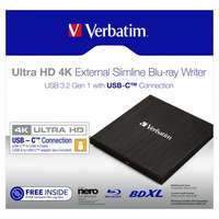 VERBATIM Blu-ray író, (külső meghajtó), 4K Ultra HD, USB 3.1 GEN 1 USB-C, VERBATIM "Slimline"