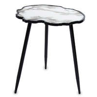 Art-Pol Fekete design fém háromlábú asztalka, márvány hatású aszimmetrikus kő asztallap 61,5x50x38cm
