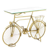 Art-Pol Design arany kerékpár fém asztal, üveg asztallap 76,5x115x37cm