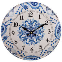 ART-POL Kék-fehér hímzett virág motívumos fém kerek kvarc falióra arab számokkal 36x36x2cm