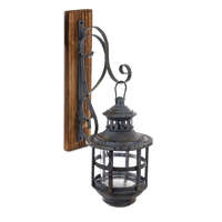 ART-POL Falikaros lampion mécsestartó fekete fém üvegbúrás lámpás falra szerelhető fa konzolon 42x16x27cm