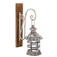ART-POL Falikaros lampion mécsestartó antikolt szürke fém üvegbúrás lámpás falra szerelhető fa konzolon 43x17x28cm
