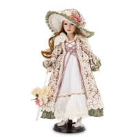 ART-POL Különleges barna hajú porcelán baba kalapos korhű zöld-krémfehér színű csipkés ruhában esernyővel 45x28x25cm