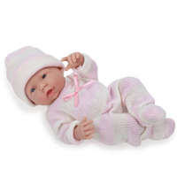 JC Toys Élethű Berenguer Játékbabák - Újszülött lány rózsaszín csíkos kötött ruhában sapkával 24 cm