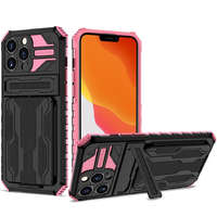  Apple iPhone 12 Pro, Műanyag hátlap védőtok szilikon belső, közepesen ütésálló, kitámasztóval, kártyatartóval, Wooze Transformer, fekete/rózsaszín