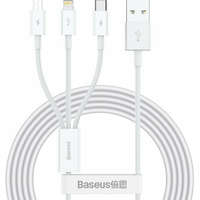 USB töltő- és adatkábel 3in1, USB Type-C, Lightning, microUSB, 150 cm, 3500 mA, törésgátlóval, gyorstöltés, Baseus Superior, CAMLTYS-02, fehér