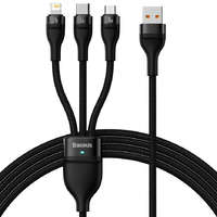  USB töltő- és adatkábel 3in1, USB Type-C, Lightning, microUSB, 120 cm, 6000 mAh, 66 W, törésgátlóval, gyorstöltés, cipőfűző minta, Baseus Flash Series 2, CASS040001, fekete