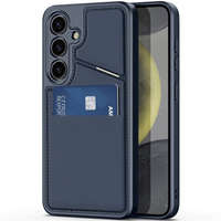  Samsung Galaxy S24 SM-S921, Műanyag hátlap védőtok + szilikon keret, stand, bőrrel bevont hátlap, kártyatartóval, Magsafe kompatibilis, Dux Ducis Rafi II Mag, sötétkék