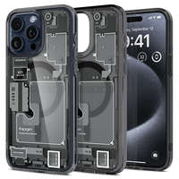  Apple iPhone 15 Pro, Műanyag hátlap védőtok + szilikon keret, Magsafe töltővel kompatibilis, iPhone belső minta, Spigen Ultra Hybrid Zero One Mag, átlátszó/füst