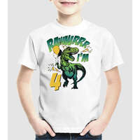 Pólómánia Szülinapos dínó rawww i'm 4 - Uniszex Gyerek Póló