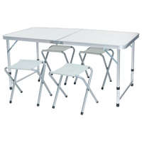 Kempingasztal szett, 1 összecsukható, állítható magasságú asztallal és 4 székkel, fehér, fémvázas, hordozható kivitel, 30 kg teherbírás