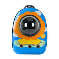 Kisállathordozó hátizsák, oroszlános, 30×25×42 cm, kék/sárga, átlátszó plexi kupolával, jól szellőző, párnázott hátlappal