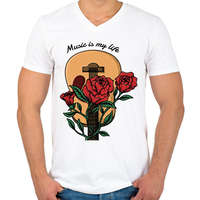 printfashion Music is my life - Rózsás gitár - Férfi V-nyakú póló - Fehér