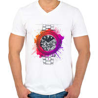 printfashion Színes óra - Férfi V-nyakú póló - Fehér