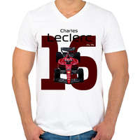 printfashion Charles Leclerc 16 autóversenyző - fekete felirat - Férfi V-nyakú póló - Fehér