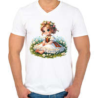 printfashion Kislány népviseletben a tavaszi virágos réten - Férfi V-nyakú póló - Fehér