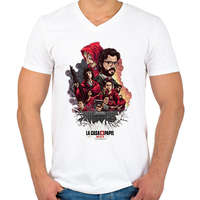 printfashion La casa de papel - A nagy pénzrablás - Férfi V-nyakú póló - Fehér