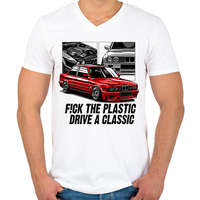 printfashion F!CK THE PLASTIK BMW E30 M3 - Férfi V-nyakú póló - Fehér