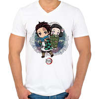 printfashion Demon Slayer - Tanjiro, Nezuko - Férfi V-nyakú póló - Fehér