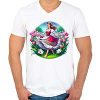 printfashion Magyar lány tavaszi virágok közt - Férfi V-nyakú póló - Fehér