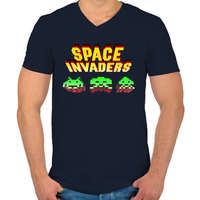 printfashion Space Invaders - Férfi V-nyakú póló - Sötétkék