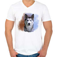 printfashion husky-portré - Férfi V-nyakú póló - Fehér