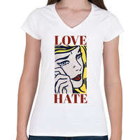 printfashion Love, Hate - Pop art - Női V-nyakú póló - Fehér