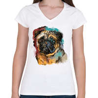 printfashion mopsz portré - Női V-nyakú póló - Fehér