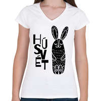 printfashion Húsvét - Fekete nyúl - Női V-nyakú póló - Fehér