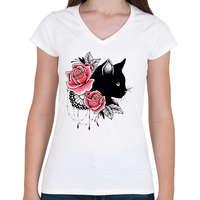 printfashion Cat tattoo - Női V-nyakú póló - Fehér