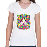 printfashion Cat - Női V-nyakú póló - Fehér