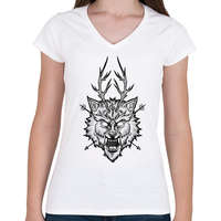 printfashion Demon Wolf - Női V-nyakú póló - Fehér