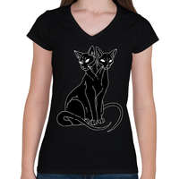 printfashion Két fejű cica - Női V-nyakú póló - Fekete