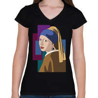 printfashion Jan Vermeer - Leány gyöngy fülbevalóval - Női V-nyakú póló - Fekete