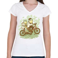 printfashion Biciklis békák - Női V-nyakú póló - Fehér