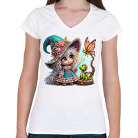 printfashion Cuki boszorkány sárkánnyal - Női V-nyakú póló - Fehér