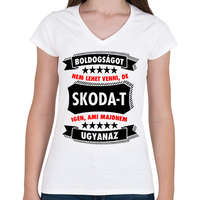 printfashion Boldogság = Skoda - Női V-nyakú póló - Fehér