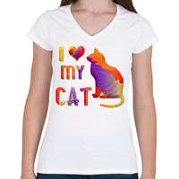 printfashion I love my cat - Szeretem a macskámat - Női V-nyakú póló - Fehér