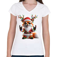 printfashion Vicces karácsonyi rocker party róka - télapó sapkában - Női V-nyakú póló - Fehér