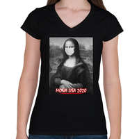 printfashion Mona Lisa 2020 - Női V-nyakú póló - Fekete