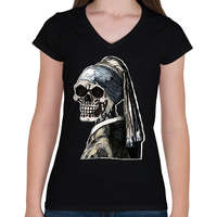 printfashion (Csontváz) Leány gyöngy fülbevalóval - Női V-nyakú póló - Fekete