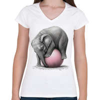 printfashion Bébi elefánt egy pink labdával - Női V-nyakú póló - Fehér