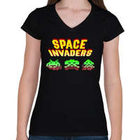 printfashion Space Invaders - Női V-nyakú póló - Fekete