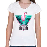 printfashion Miami flamingo - Női V-nyakú póló - Fehér